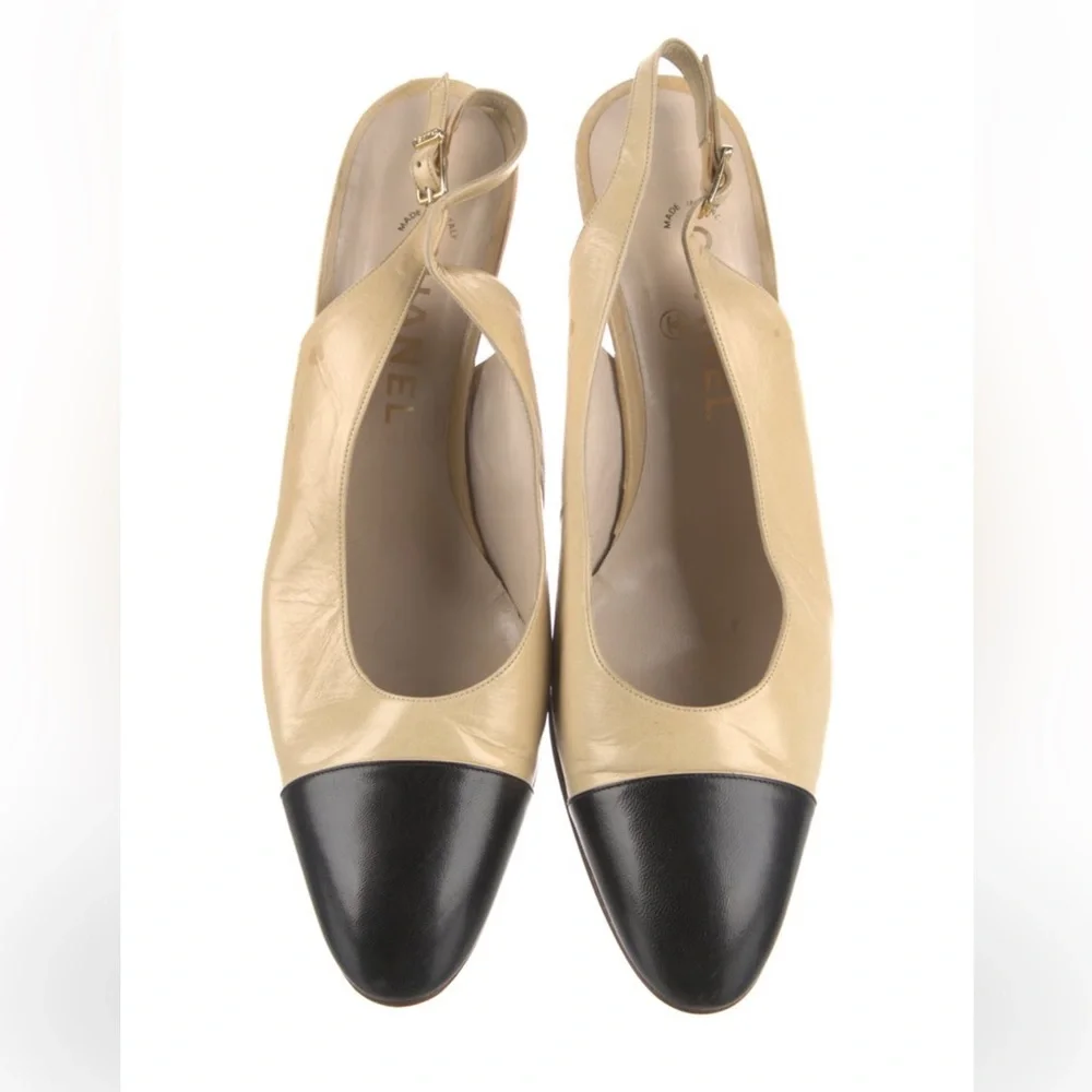 CHANEL Beige and Black Slingback Captoe Heels - Picture 6 of 6